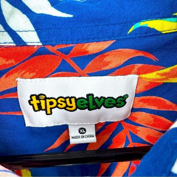 Tipsy Elves Blue and White Casual Button Down Shirt with Tropical Print - Picture 5 of 7
